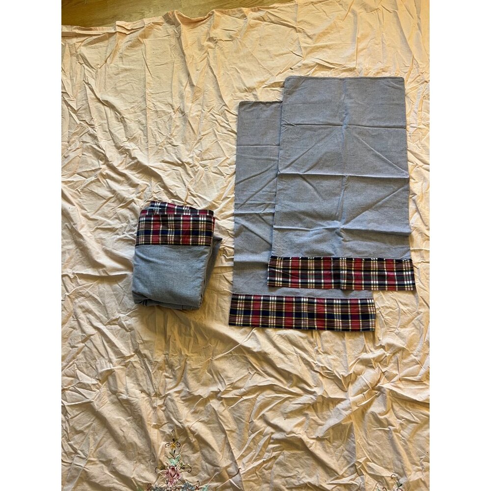 Ralph Lauren Garrison Full-Size Flat Sheet & 2 Pillowcases Chambray Blue Plaid T
